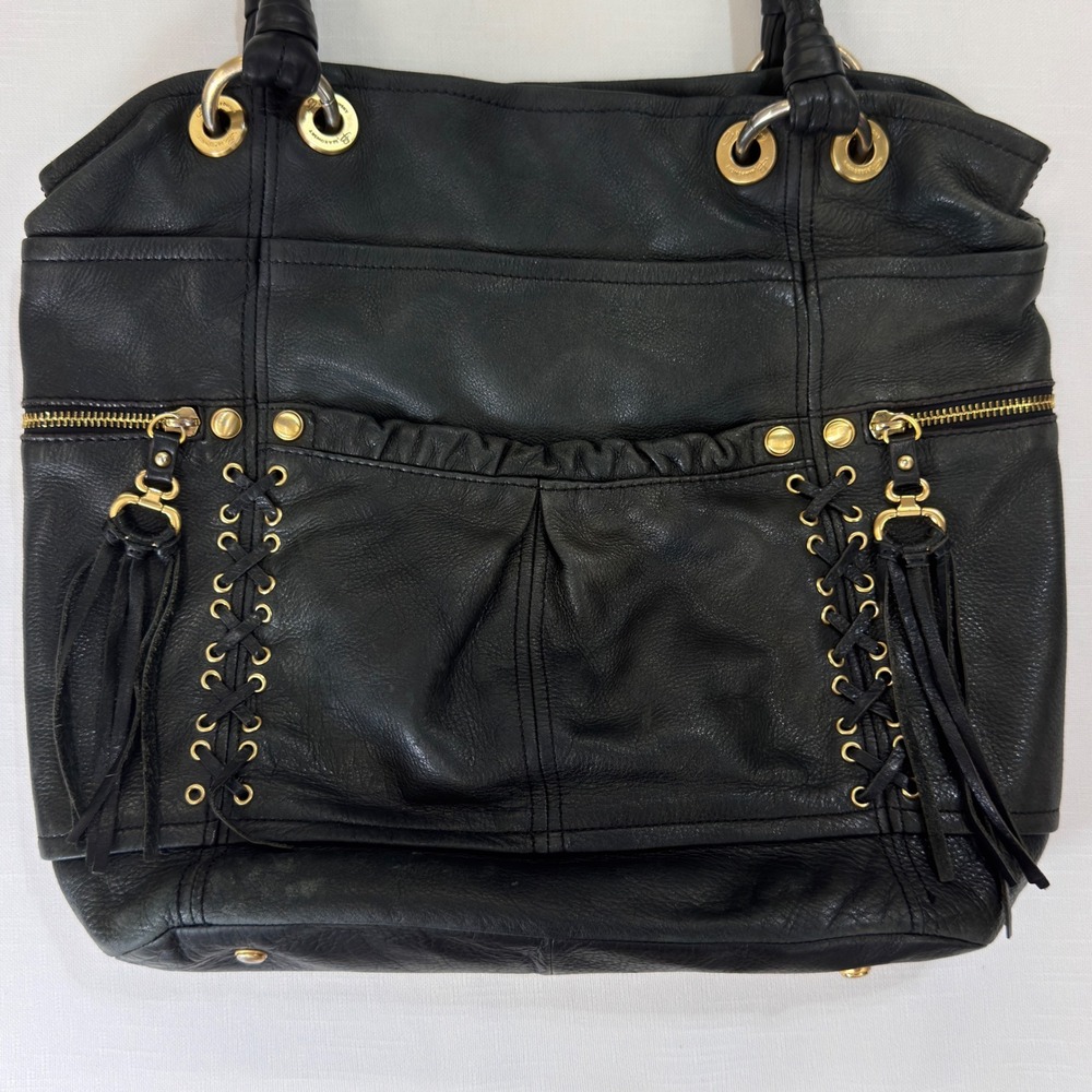 B. Makowsky Black Leather Shoulder Bag Lace Up Tassel Gold Hardware Tote - Picture 3 of 12